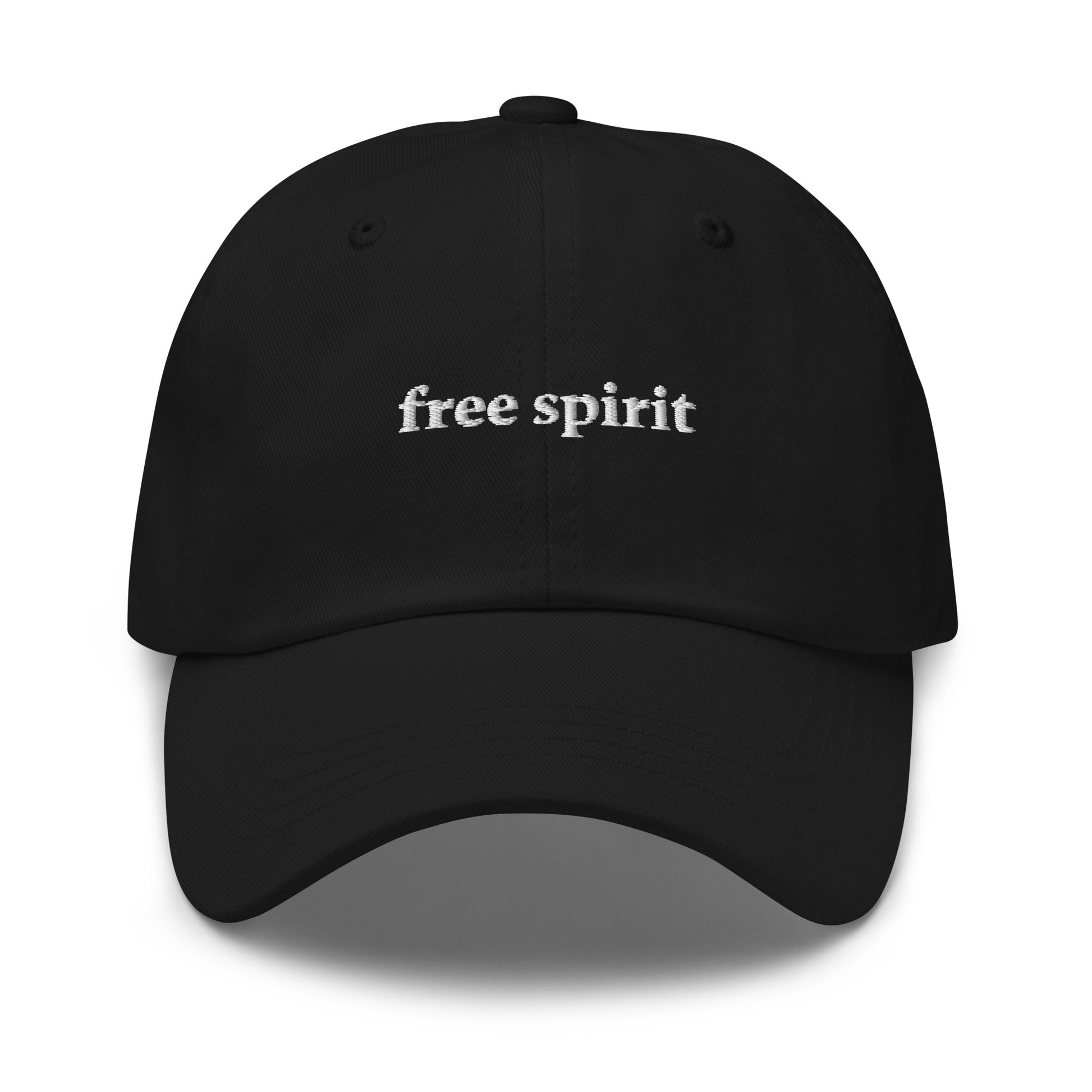 black baseball hat with free spirit embroidered on front in white font