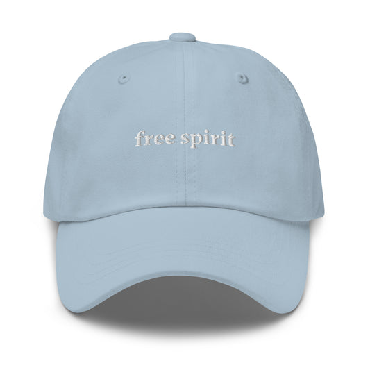 light blue baseball cap embroidered with free spirit on the front